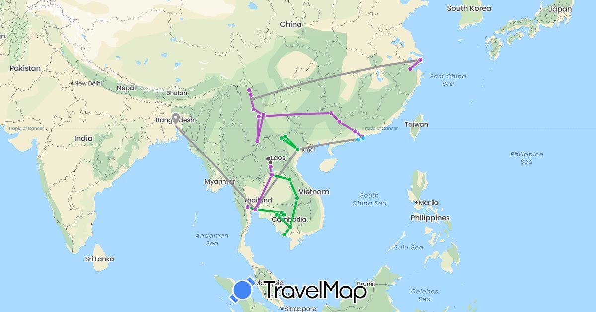 TravelMap itinerary: driving, bus, plane, train, boat, motorbike in Bangladesh, China, Cambodia, Laos, Thailand, Vietnam (Asia)